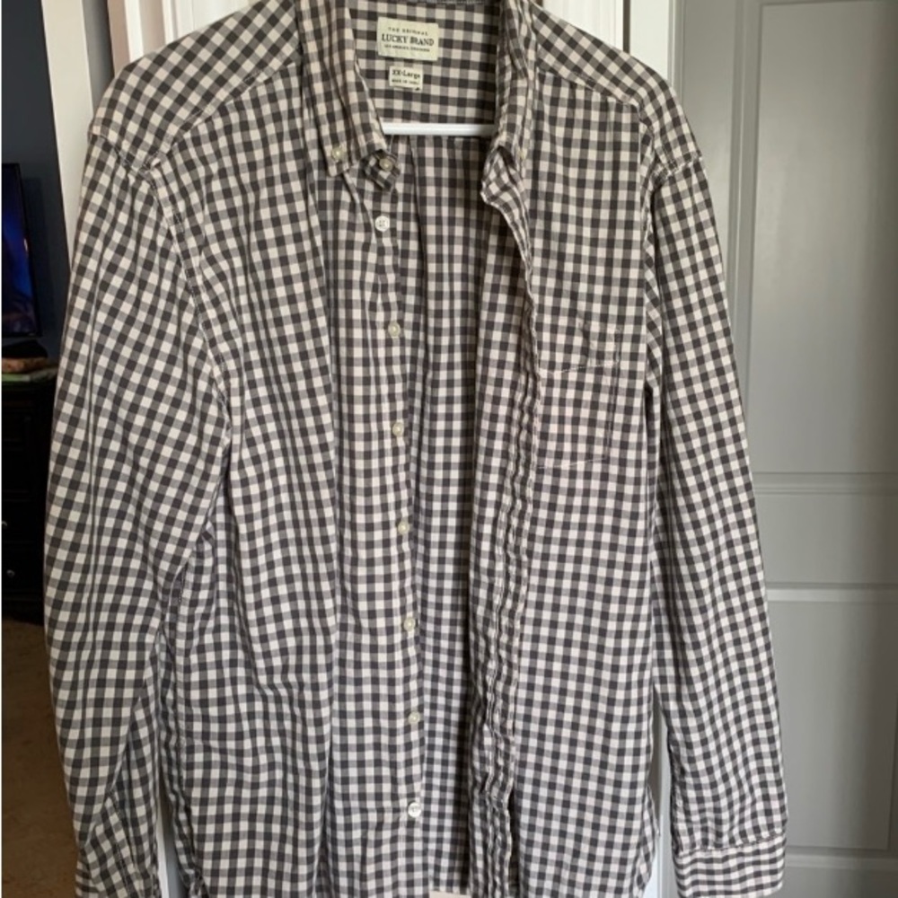 Lucky Brand Long Sleeve Navy Blue/White Plaid Button Down Shirt Mens XXL.